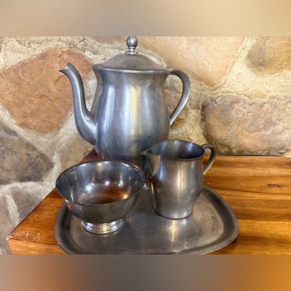 Vintage International Pewter Tea Set 4pc Coffee Pot Creamer Sugar Tray Mid Cen